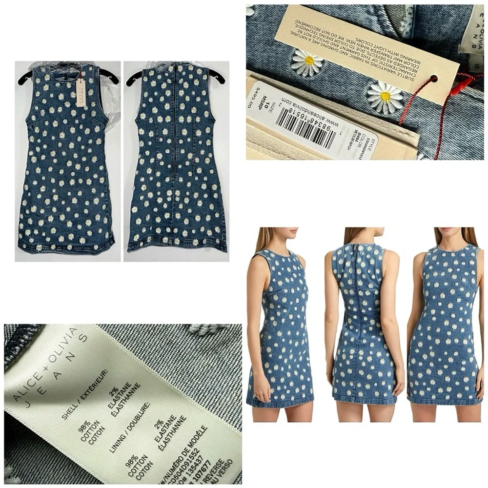 Alice + Olivia Wynell Floral Daisy Embroidered Mini Denim Dress